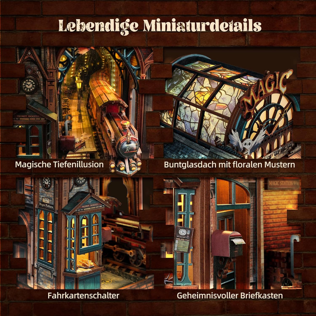 FUNPOLA LED 3D Puzzle Magische Station Book Nook Kit - Interaktives 3D Holzpuzzle LED Magische Minia
