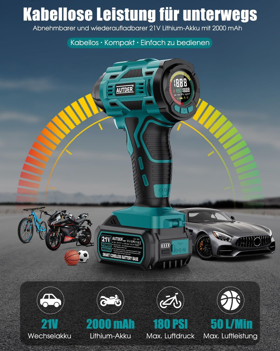 AUTDER 21V Akku Luftkompressor - 12,4 Bar/180 PSI Hochdruck Elektropumpe mit LED-Licht &amp; Kühlsystem,