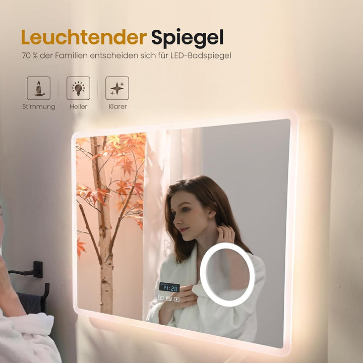 EMKE® 7 in 1 Badspiegel mit Beleuchtung 100x60cm Badezimmerspiegel 3000K/4000K/6500K Touch+Dimmbar+B