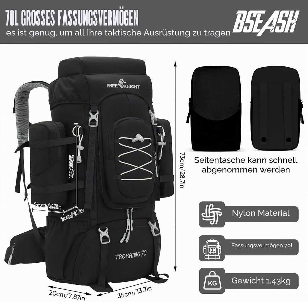 Bseash 70L (65+5) Wasserdichter Wanderrucksack mit Regenschutz, Outdoor-Sport, Reisen, Tagesrucksack