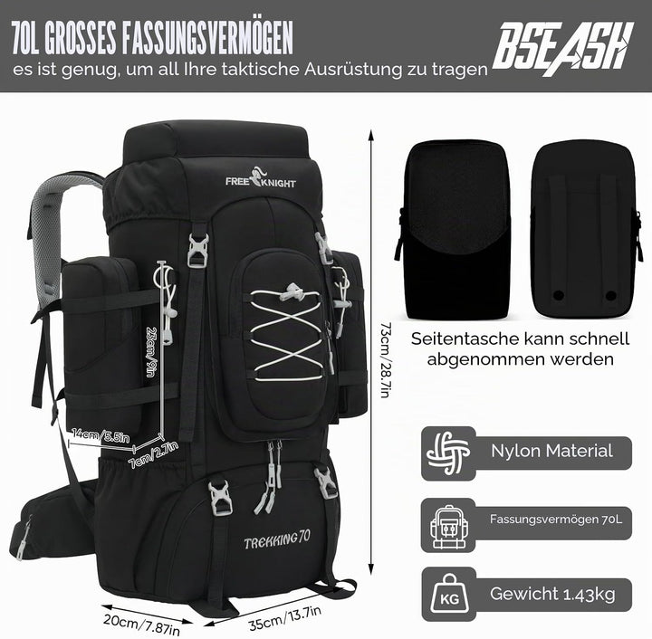 Bseash 70L (65+5) Wasserdichter Wanderrucksack mit Regenschutz, Outdoor-Sport, Reisen, Tagesrucksack