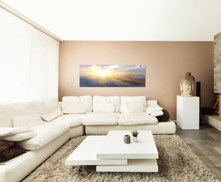 Paul Sinus Art Panoramabild auf Leinwand und Keilrahmen 150x50cm Berge Sonnenstrahlen Wolkenschleier