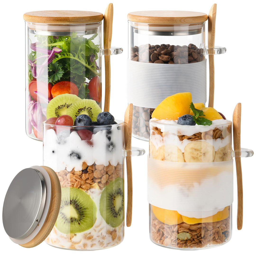 YBCPACK 4 Stück Overnight Oats Gläser 500ml, Vorratsgläser mit Bambusdeckel & Löffel, auslaufsichere