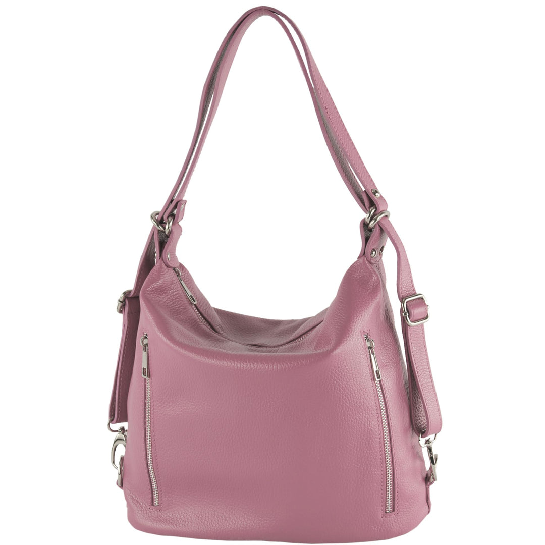 modamoda de - T249 - ital. Damen Rucksack Tasche 2 in 1 aus Leder Altrosa, Altrosa