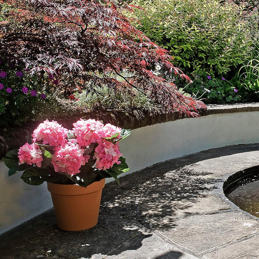 GreenBrokers Künstliche Hortensien in terrakottafarbenem Topf, 50 cm, Rosa Rose, Rose