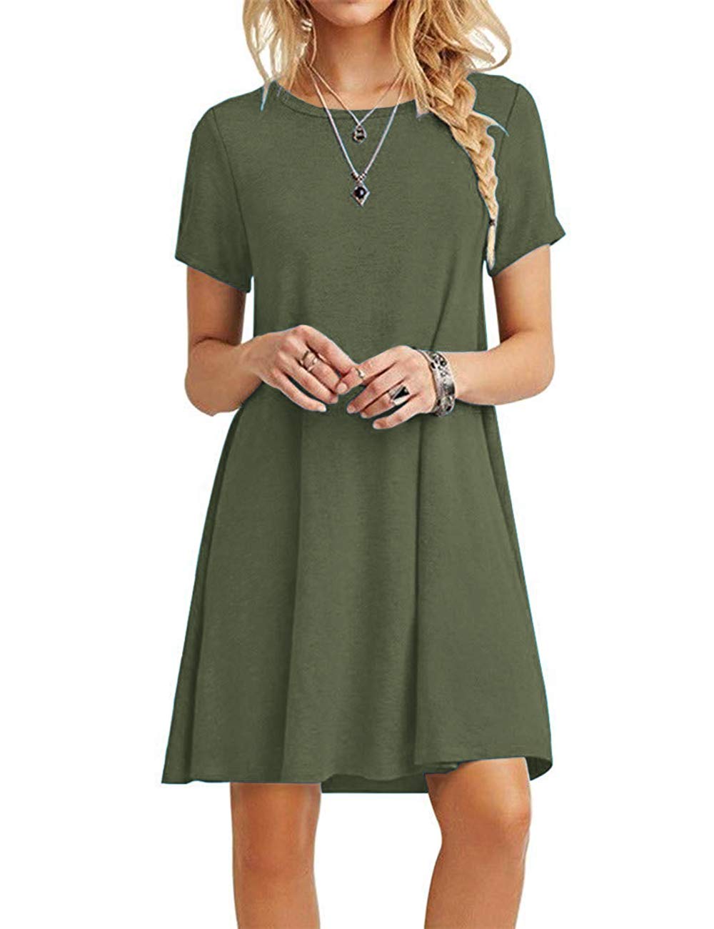 MOLERANI Damen Sommerkleider Casual T-Shirt Kurzarm Strandkleid Loose Swing Damenkleid Armeegrün S,