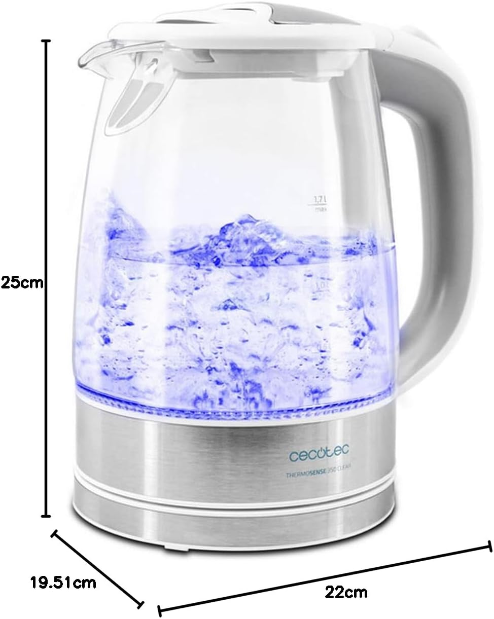 Cecotec Elektrischer Wasserkocher ThermoSense, 1,7 L, Borosilikatglas, BPA-frei, Antikalkfilter, dop