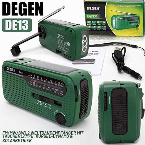 Degen DE13 Cranked Solar FM AM SW Receiver with Flashlight/SOS Alarm/Rechargeable Cell Phone for Eme