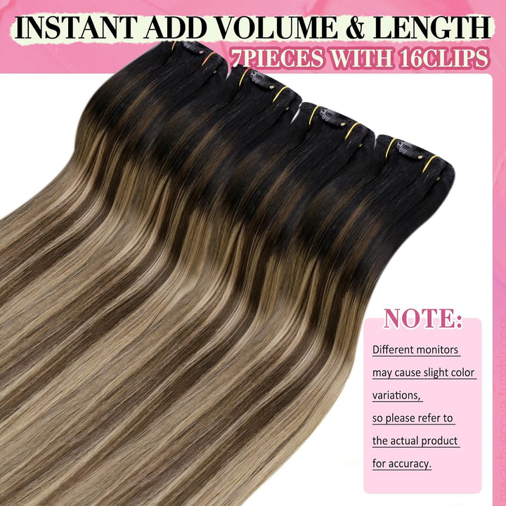 YoungSee Clip in Extensions Balayage Schwarz Echthaar Extensions Clip Schwarz Ombre Braun Blond Clip