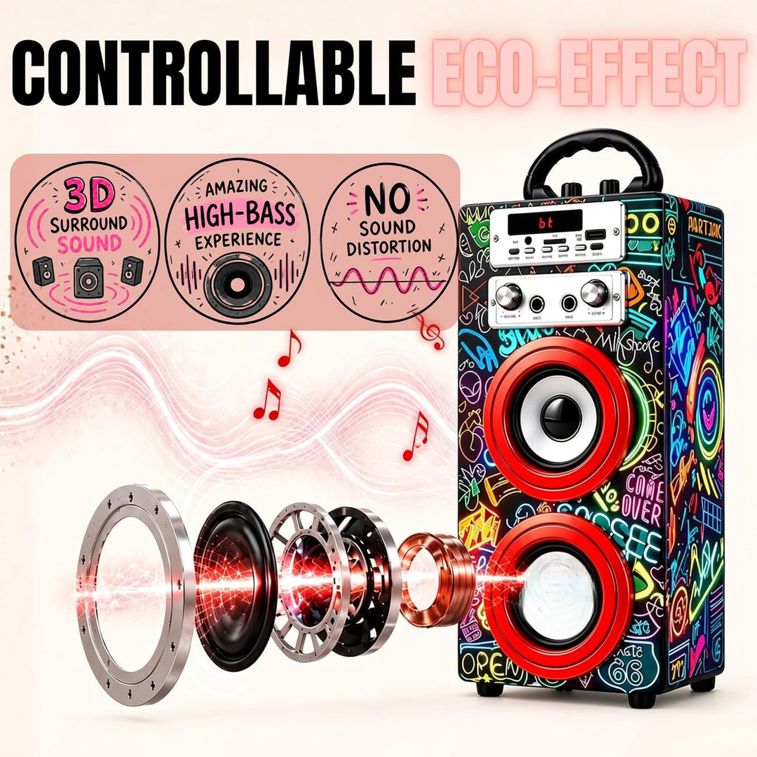 DYNASONIC Karaoke mit 2 Mikrofonen, tragbarer Karaoke-Maschine, Bluetooth-Lautsprecher, USB- und SD-