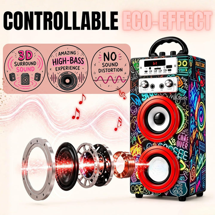 DYNASONIC Karaoke mit 2 Mikrofonen, tragbarer Karaoke-Maschine, Bluetooth-Lautsprecher, USB- und SD-