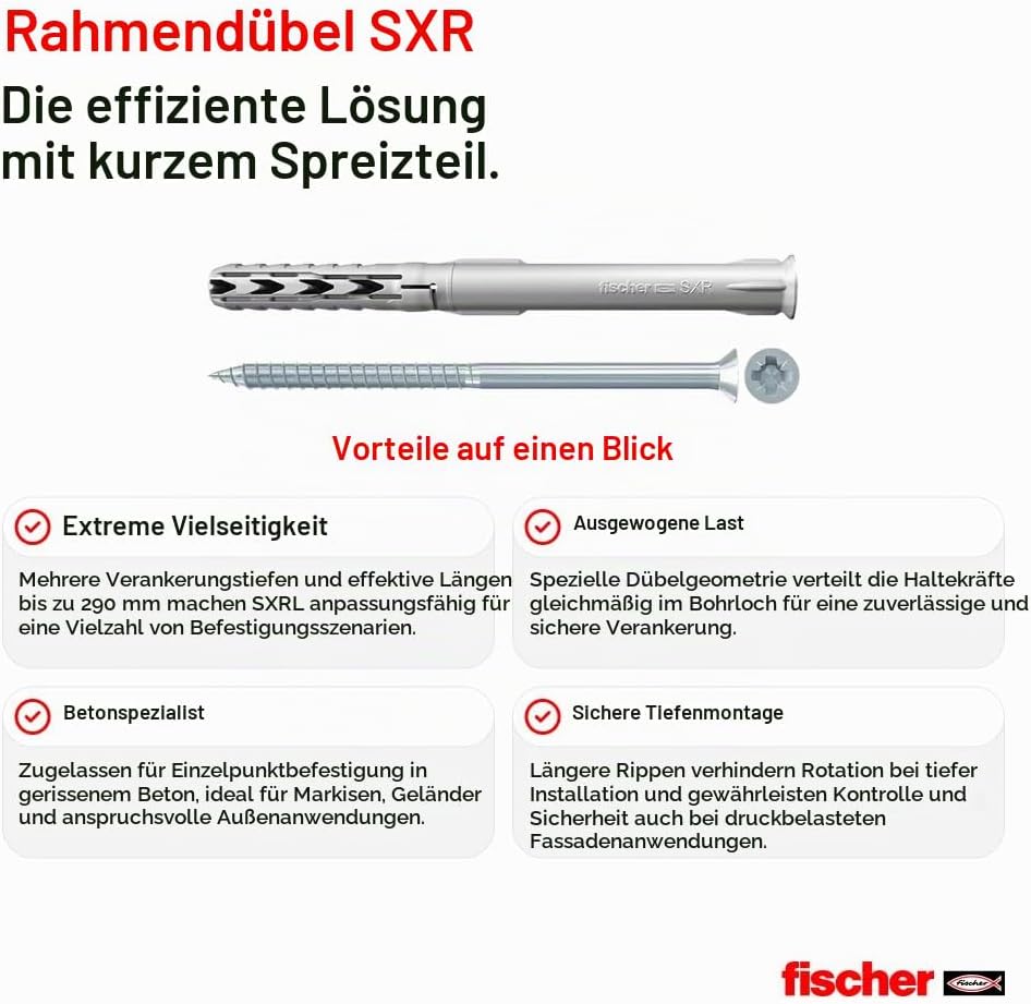 fischer Langschaftdübel SXR 10x120 T, hochwertiger Spreizdübel mit passender Senkkopfschraube, Nylon