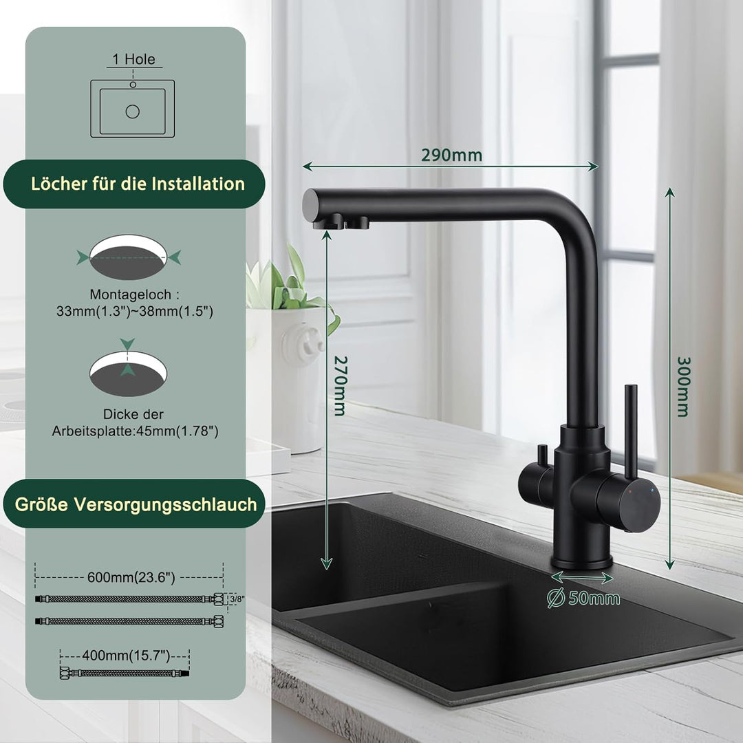 3 Wege Wasserhahn Küche Schwarz Matt, 360° Drehbar Küchenarmatur, 3 in 1 Mischbatterie Küche für Was