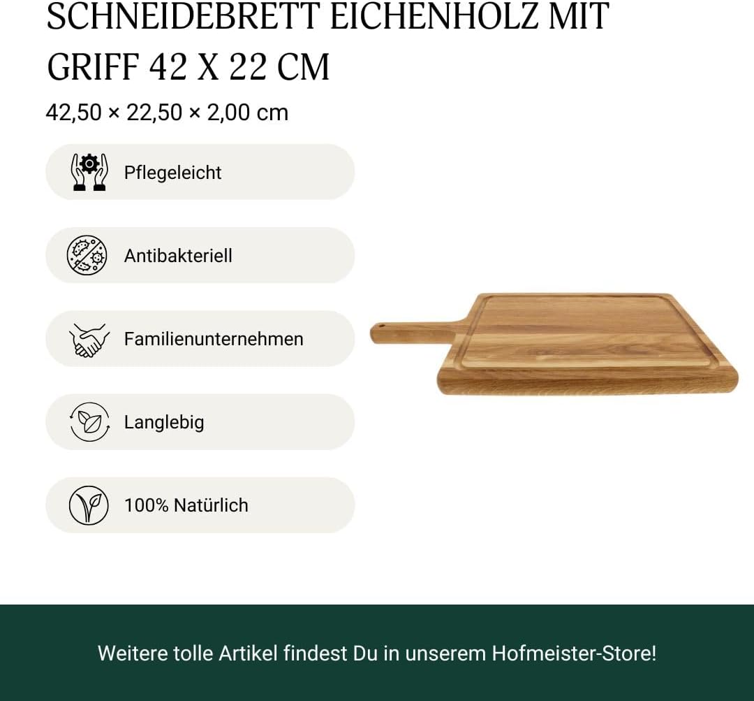 HOFMEISTER® Schneidebrett mit Griff aus Eiche Massivholz, 42,5 cm, nachhaltig aus der EU, Servierbre