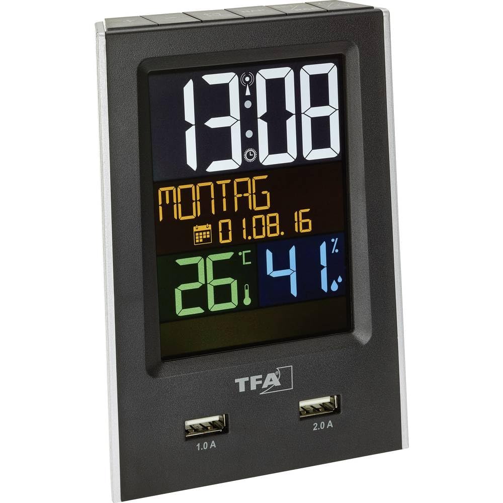 TFA Dostmann Charge-IT digitaler Funk-Wecker, 60.2537.01, mit USB-Ladefunktion, Raumklima, mit Kurzs