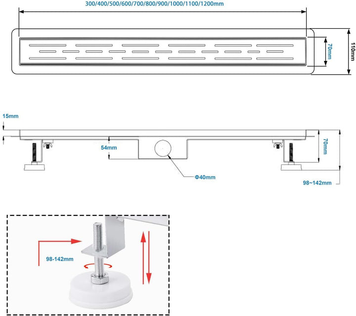 Duschrinne 60 cm, Strips Duschrinne extra flach, Edelstahl Bodenablauf Komplettset mit Siphon Haarsi