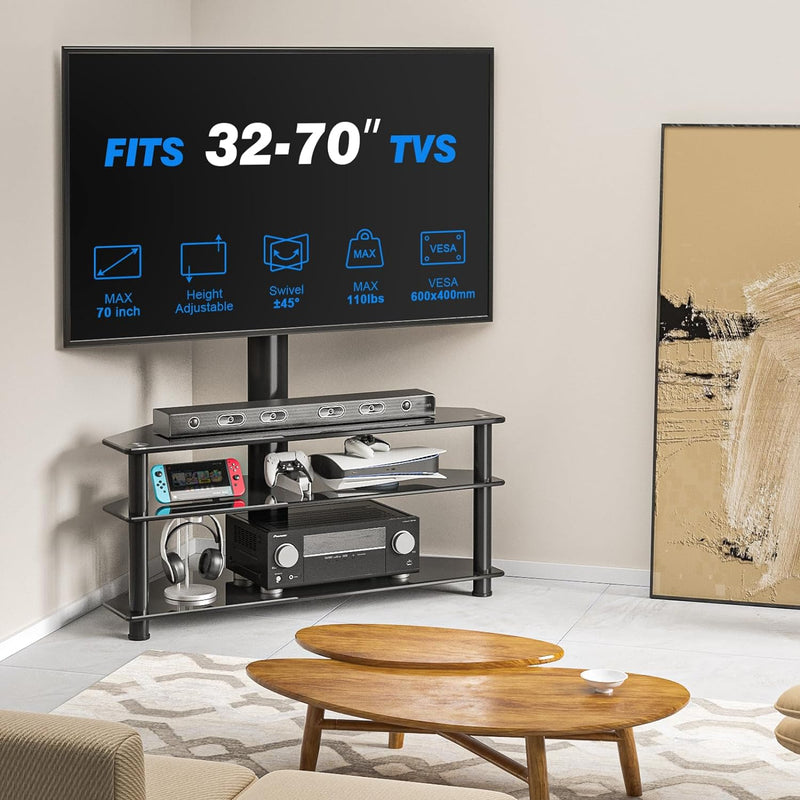 RFIVER TV Rack Glas Fernsehtisch TV Ständer für 32 - 70 Zoll Fernseher, TV Eckschrank TV Möbel Ferns