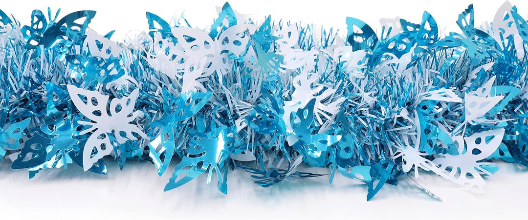 Christmas Concepts® 3m Blau & Weiss Lametta mit Schmetterlingen - Weihnachtsschmuck Blau & Weiss mit