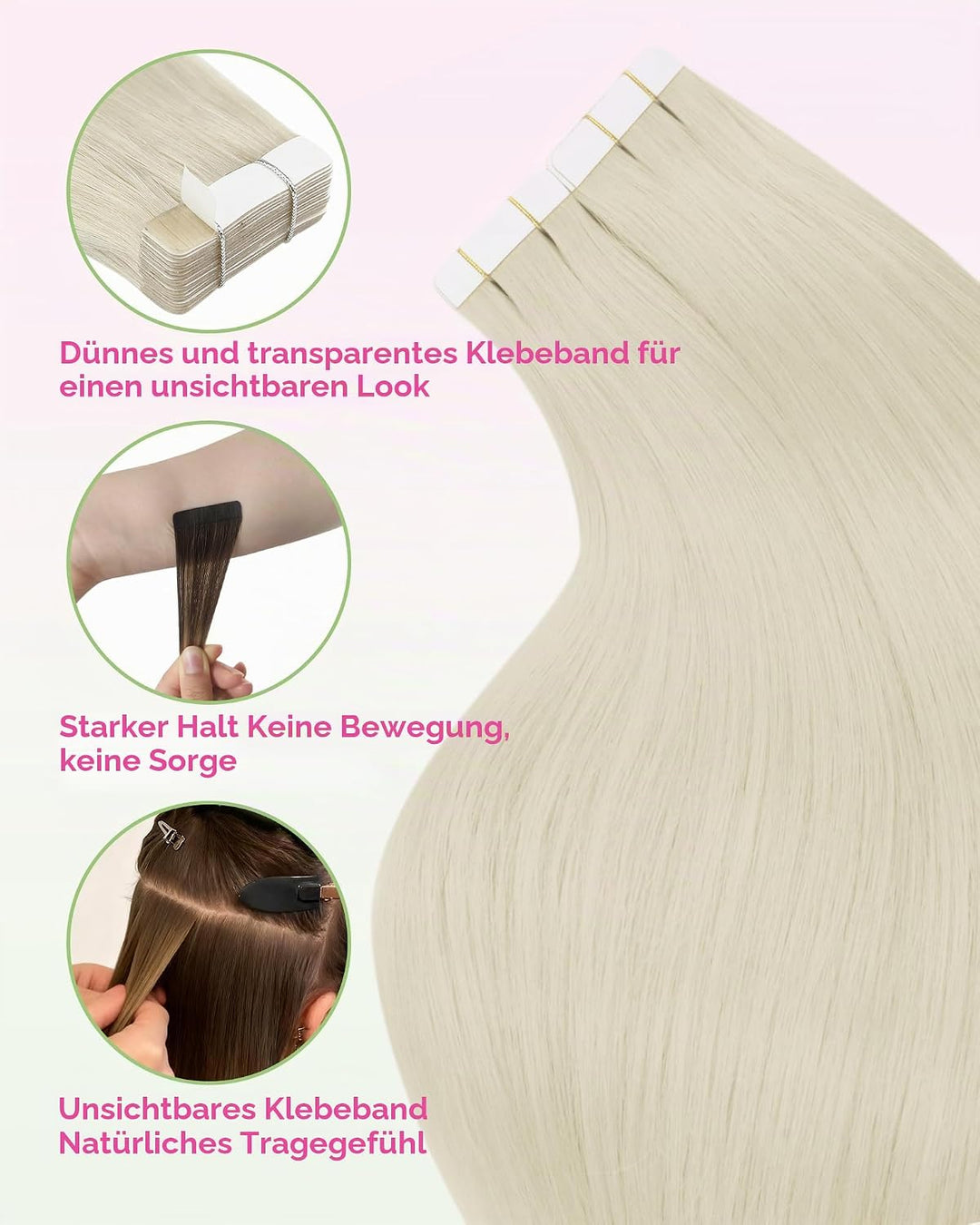 YoungSee 50g Echthaar Extensions Tape Platinblond 35cm Tape Extensions Echthaar Blond Invisible Tape