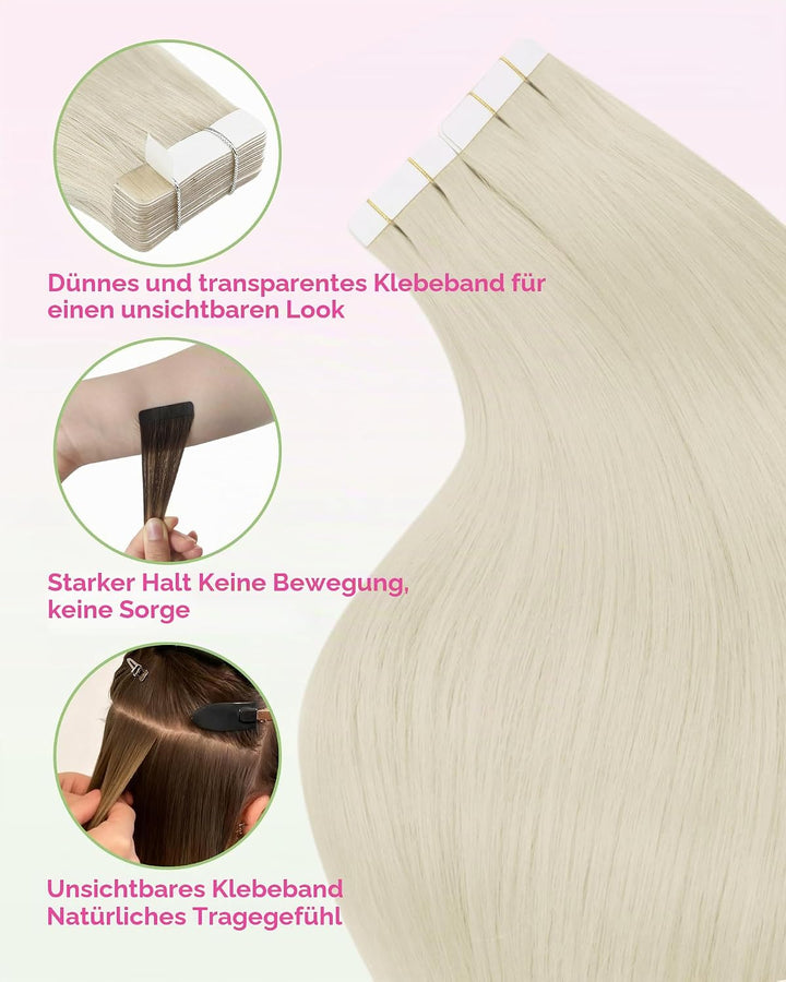 YoungSee 50g Echthaar Extensions Tape Platinblond 35cm Tape Extensions Echthaar Blond Invisible Tape