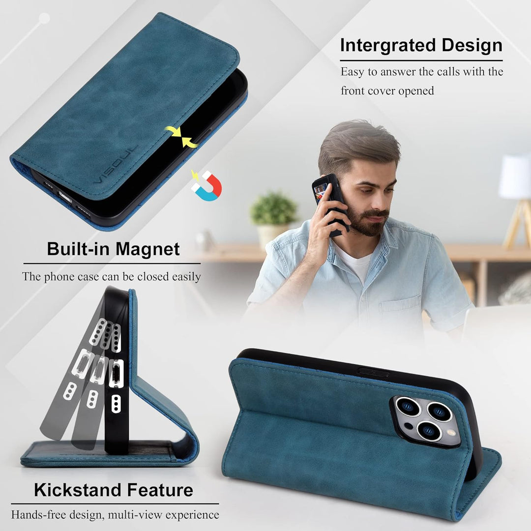 VISOUL Hülle für iPhone 14 Pro Handyhülle [Echtleder][3 Kartenfächer] [Magnet] [Standfunktion], TPU