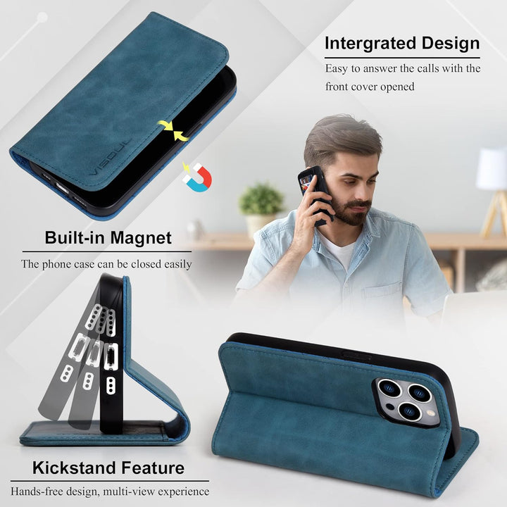 VISOUL Hülle für iPhone 14 Pro Handyhülle [Echtleder][3 Kartenfächer] [Magnet] [Standfunktion], TPU