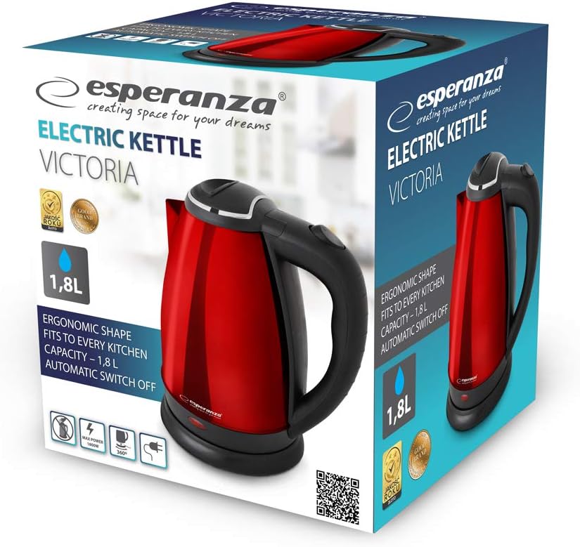 Esperanza 1,8 Liter Edelstahl Design Wasserkocher 360° drehbare Basisstation, Metall, glänzend (Rot)