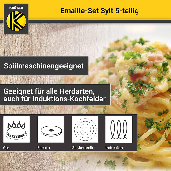 Krüger Emaille-Set Sylt 5 teilig - Emaille-Topfset aus Fleischtopf, Stieltopf und Milchtopf - Töpfe
