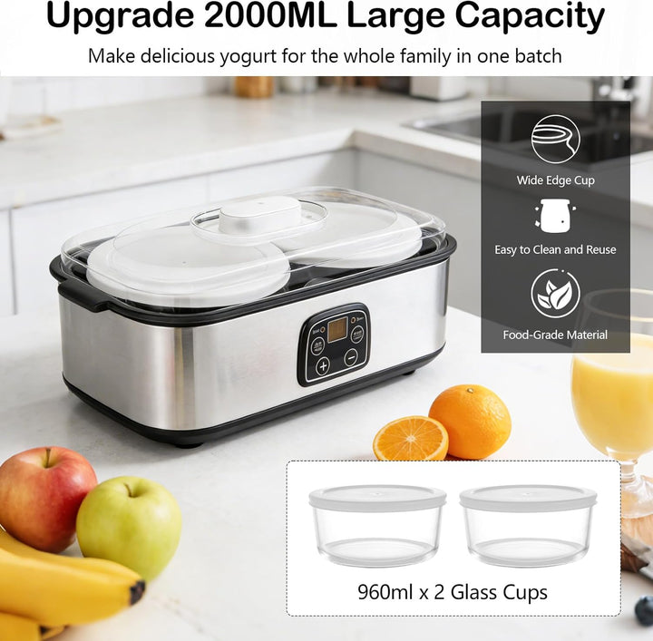 Joghurtbereiter 2L, Joghurt Machine, Digitale Joghurtmaschine aus Edelstahl, Automatischer Joghurt M