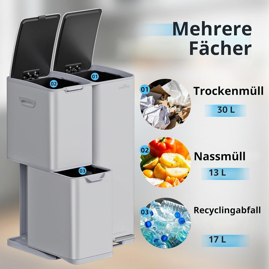 mVm Mülleimer Küche,60 Liter Treteimer,3 Fächer, Mülltrennsystem, Abfalleimer Küche mit Inneneimer a