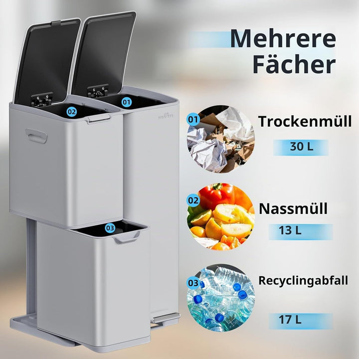 mVm Mülleimer Küche,60 Liter Treteimer,3 Fächer, Mülltrennsystem, Abfalleimer Küche mit Inneneimer a