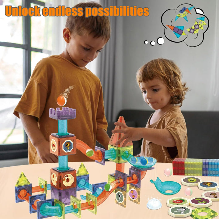 Magnetische Bausteine 144 Teile mit LED-Beleuchtung und Magnetkugelbahn,STEM Montessori-Lernspielzeu