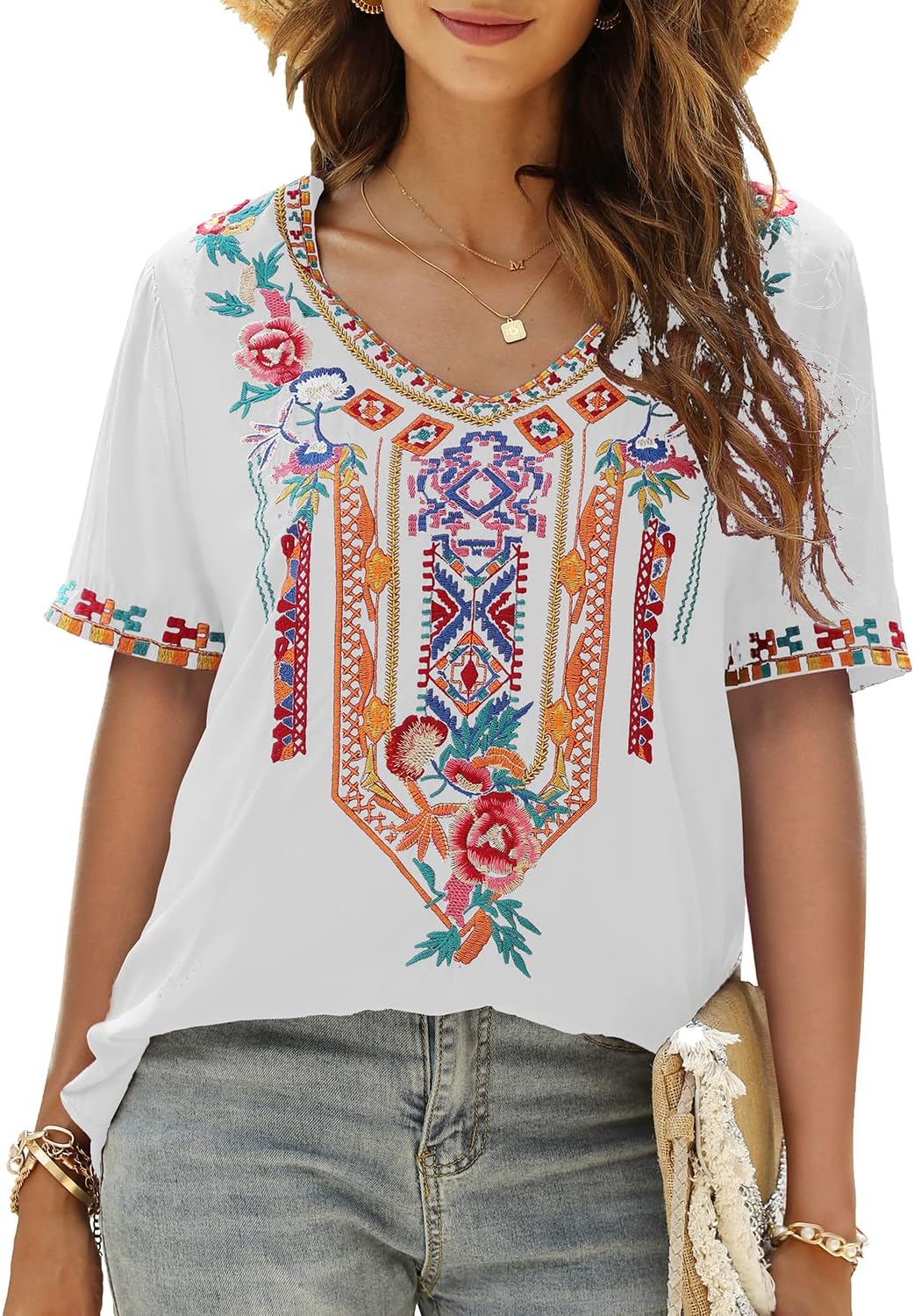 Seasonal Tunika Damen Sommer Boho Bluse Folklore Stickerei Oberteil Trachten Hippie Kleidung Kurzarm