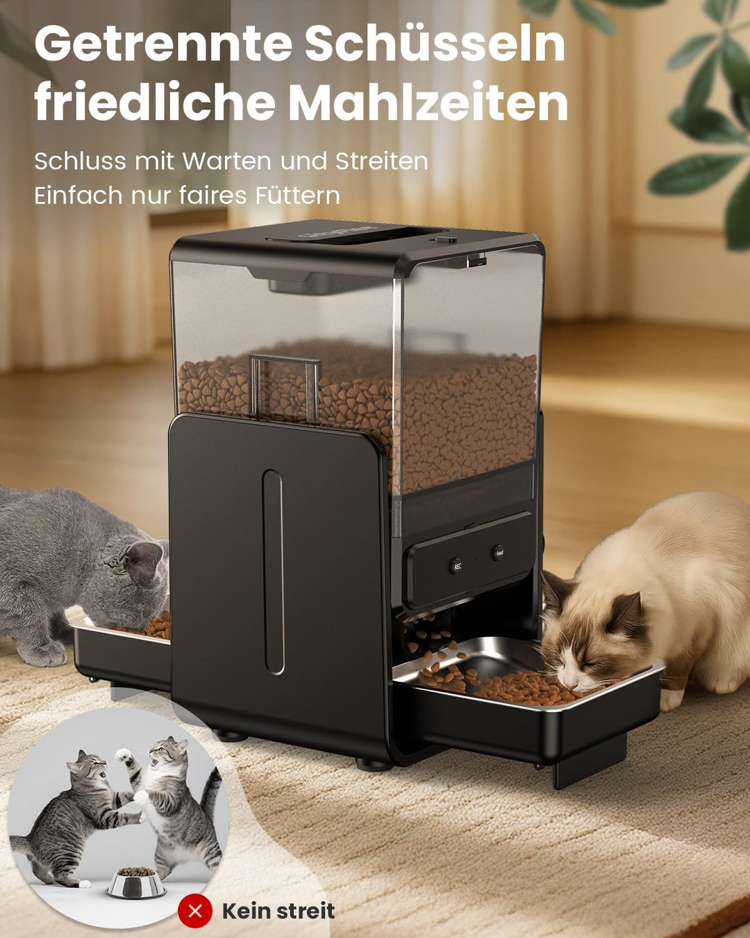Futterautomat Katze mit App-Steuerung für 2 Katzen, höhenverstellbar für Kleintiere, 2 Näpfe, 5-Lite