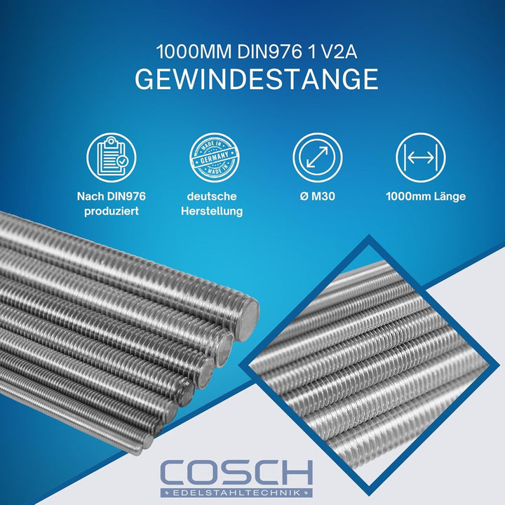 Edelstahl Gewindestange 1000mm DIN976 1 V2A Gewindebolzen M30, M30
