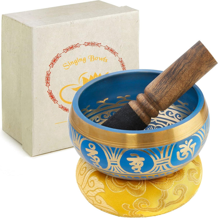 Tibetische Klangschale Set, mit Klöppel und Klangschalenkissen in Loktapapier Geschenk-Box. Singing