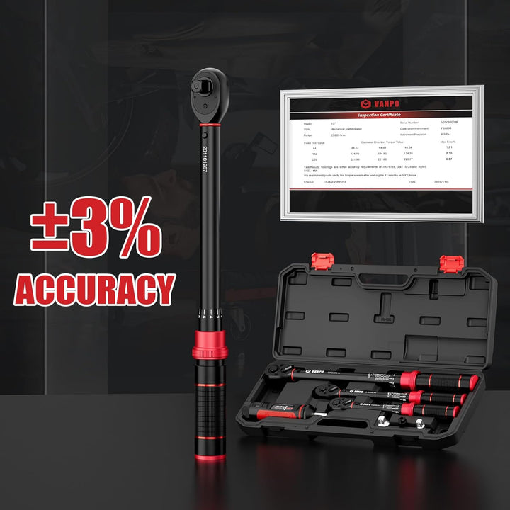 VANPO Drehmomentschlüssel 1/4 3/8 1/2, 7 Teilig Set 1-25Nm 5-60Nm 20-220Nm | Torque Wrench Set mit D