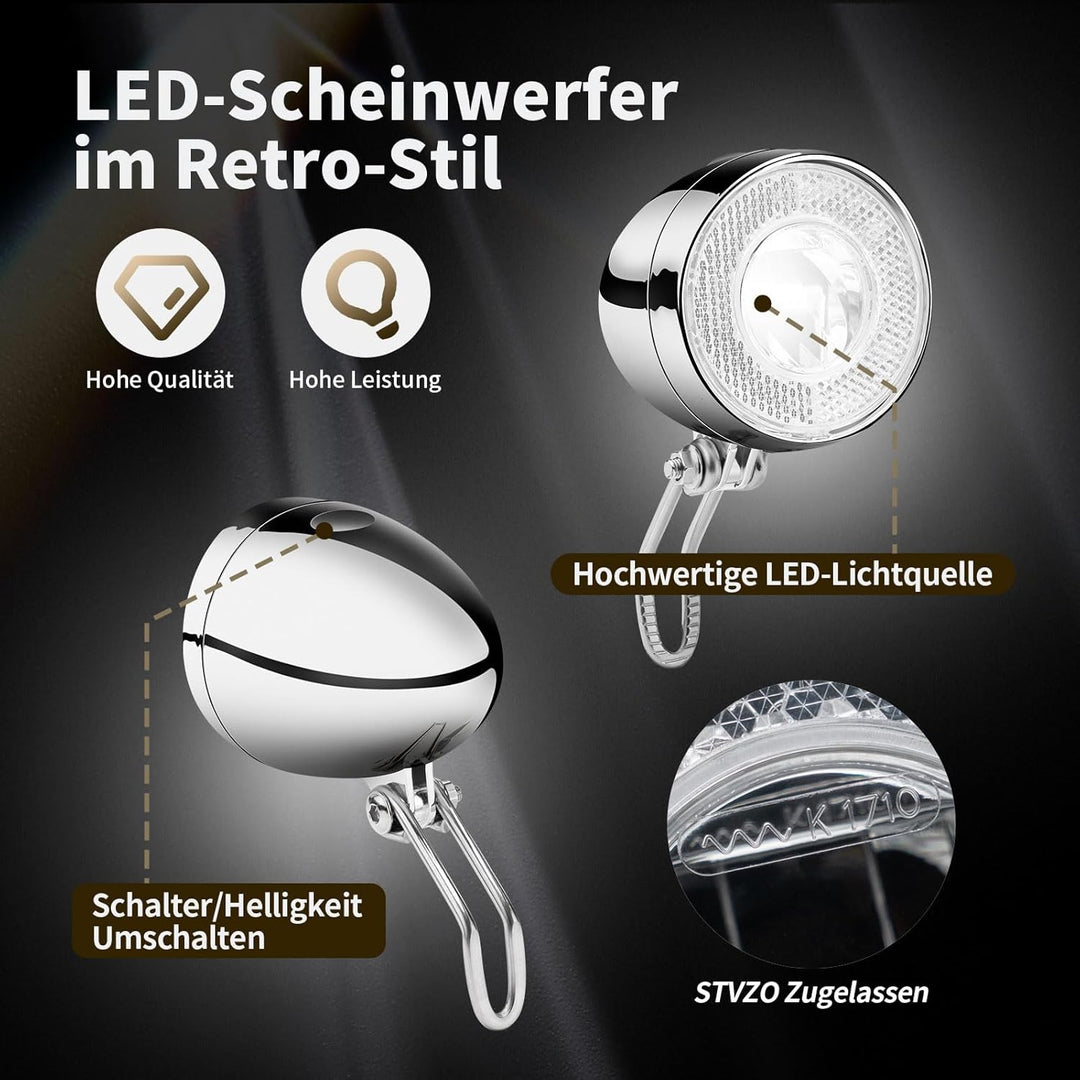 Retro LED Fahrradlicht Vorne, 30 LUX Fahrrad Frontlicht mit 100% / 50% Lichtleistung und 4X AAA Batt