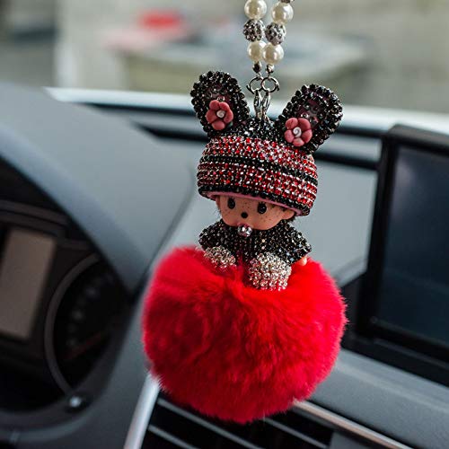 Auto Rückspiegel Ornament,Bling Strass Rückspiegel Anhänger Süsse Puppe Plüsch Ball Auto Hängende An