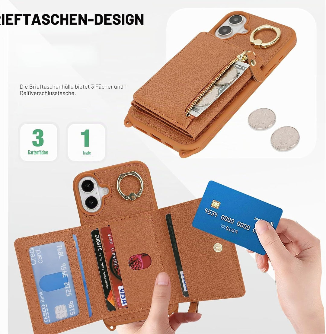 ELTEKER Handyhülle für iPhone 17 Hülle mit Band, Kartenfach Ringhalterung Reissverschluss Geldbörse,