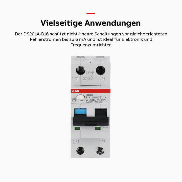 ABB DS201A-B16 DS201A-B16/0,03 FI/LS-Schalter 6kA, 1P+N, Typ A, B 16, 30mA, grau, 2 TE Single, Singl