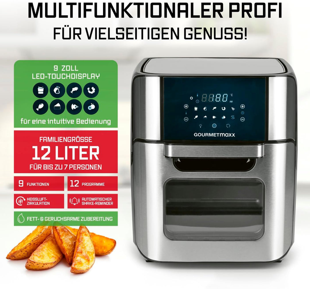 GOURMETmaxx Digitale XXL Heissluftfritteuse 12 Liter | Frittieren ohne Fett, Zubehör ist spülmaschin