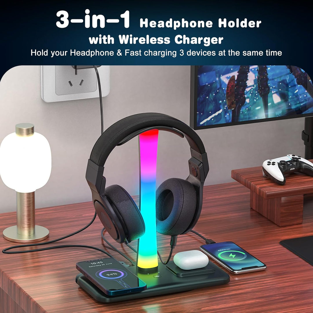 Padwa Lifestyle Wireless-Ladegerät mit RGB-Kopfhörer-LED-Ständer, mit 2 x USB-Anschlüssen und 1 x Ty