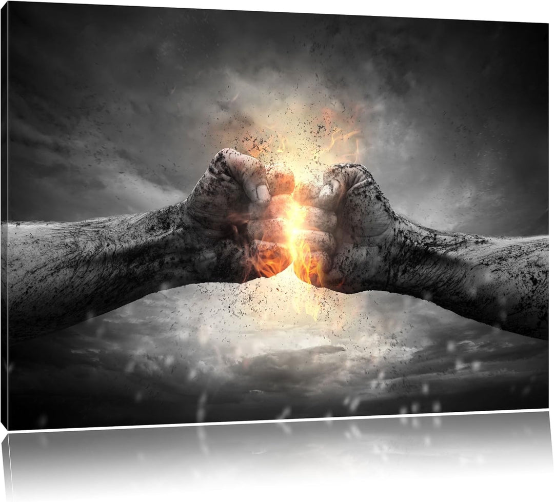 Pixxprint Fäuste mit Energie schwarz/weiss Format: 100x70 auf Leinwand, 100x70