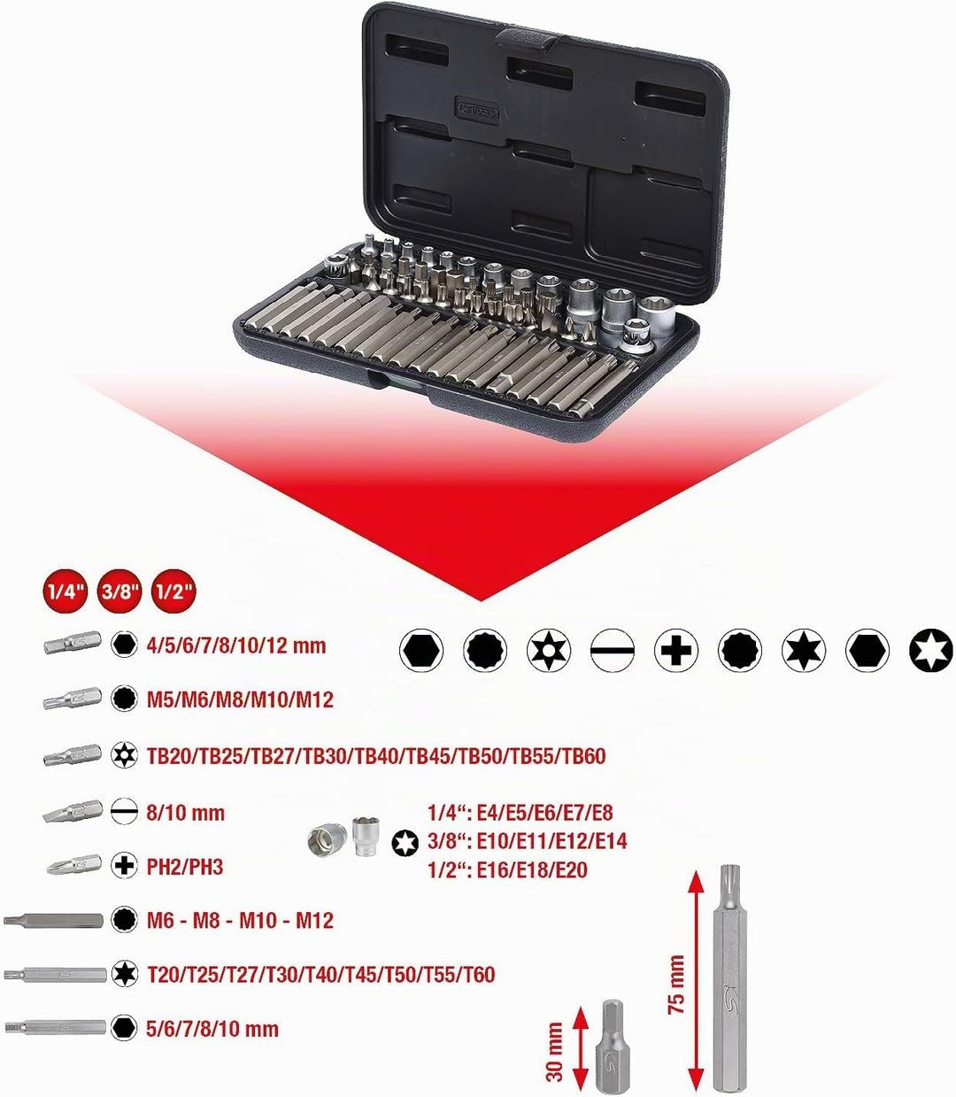 KS Tools 911.4305 1/4"-1/2" TX-Steckschlüssel- und Bit-Satz, 57-tlg.