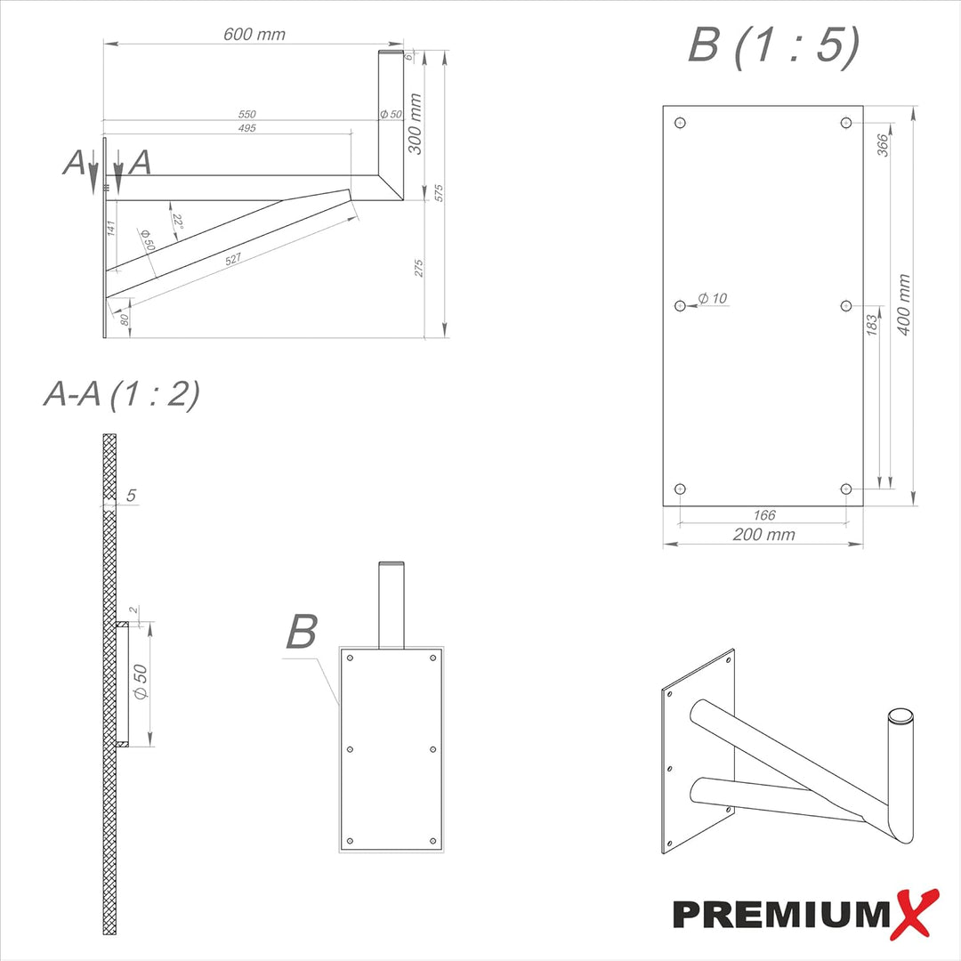 Premium X 60cm Wandhalter mit Stützelement Aluminium SAT Auslegerlänge 600mm Auslegerhöhe 300mm Grun