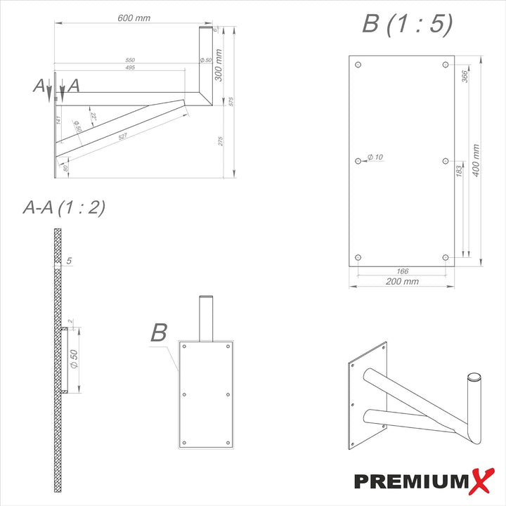 Premium X 60cm Wandhalter mit Stützelement Aluminium SAT Auslegerlänge 600mm Auslegerhöhe 300mm Grun