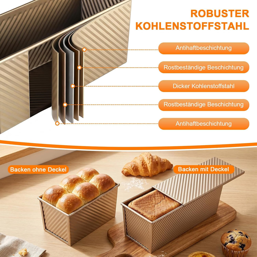 Brotbackform mit Deckel 2 Pack, Antihaft Toastbrot Backform mit Teigschneider, Pullman Kastenform au