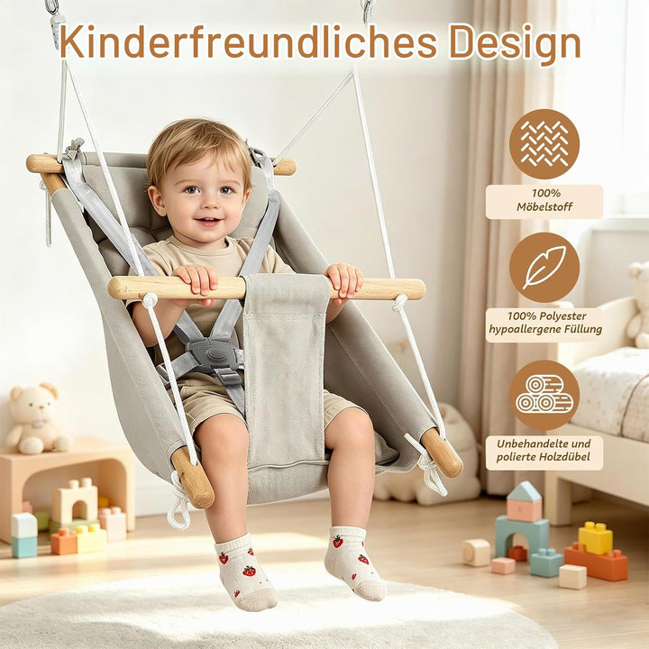 Babyschaukel 3 in 1, Holz-Hängeschaukelsitz mit Sicherheitsgurt und Baumwollkissen, Einstellbar Baby