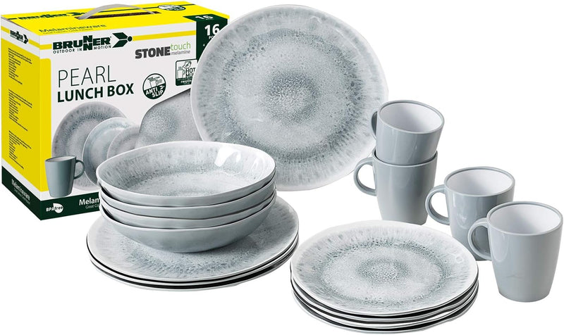 BRUNNER Melamin ESS Geschirr Set Lunch Box 16-teilig Camping Reise Teller Becher Stonetouch Pearl, S